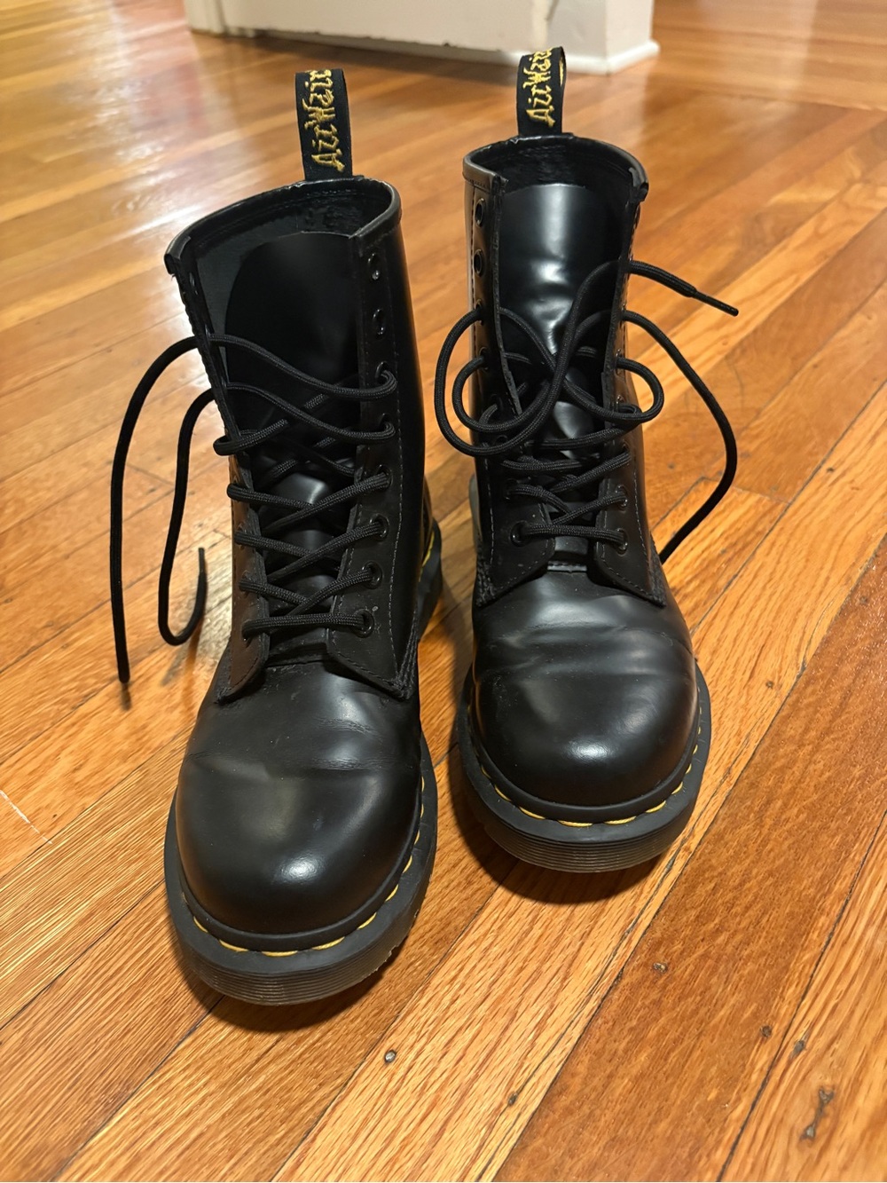 Dr. Martens Black Leather Lace-Up Combat Boots with Yellow Stitching